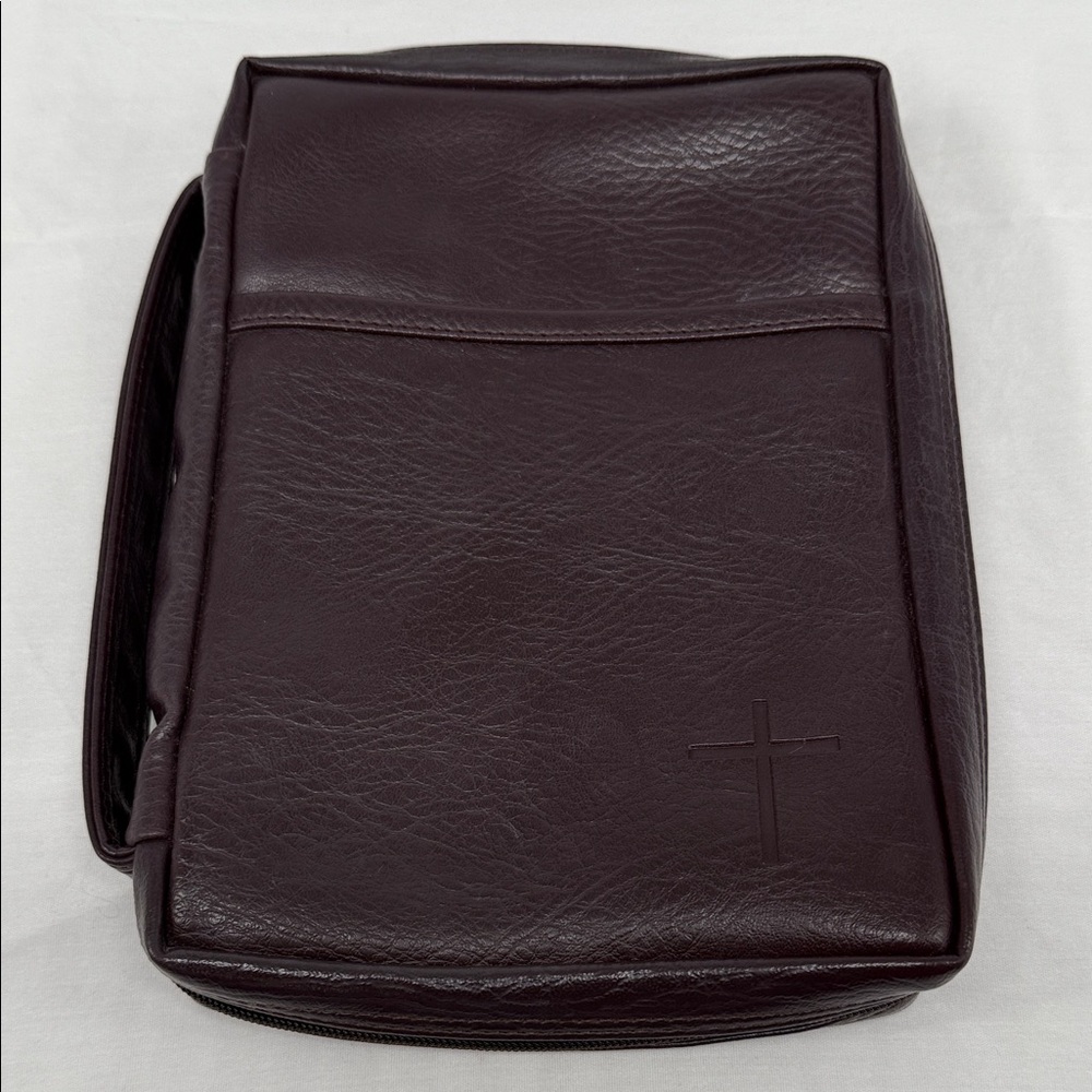 Dicksons Bible Cover Brown Faux Leather Medium Front Pocket Cross Handle
